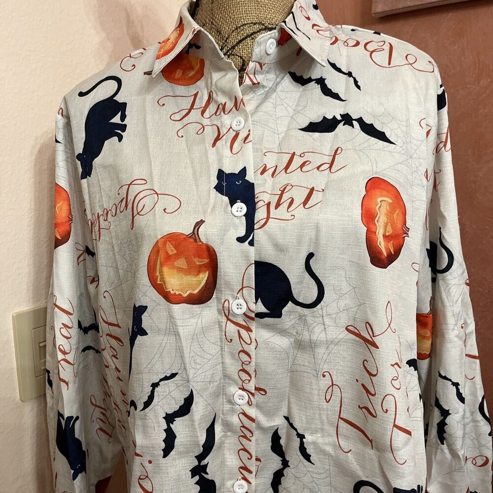 Halloween Button Down Blouse Size Large Black Cats Pumpkins Bats